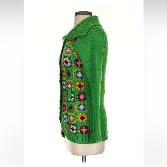 VTG 90s Granny Square Crochet Cardigan Sweater Green Cottage Wool Boho Floral - Picture 4 of 6